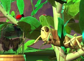 the potted plant. the grass ground. the small grasshopper is 7 inches in the potted plant. it is facing left. the tiny red bug is above and to the left of the grasshopper. it is facing right. it is leaning 30 degrees to the back. the 2 lime lights are 2 inches above the bug. the 3 mauve lights are 1 inch above the grasshopper. the three aqua lights are 2 inches below the grasshopper. it is dusk. the extremely tiny bell jar is to the left of the grasshopper. the very tiny butterfly is in the bell jar. it is face up. it is 1 inch above the bottom of the bell jar.