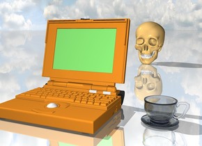   laptop is on the shiny ground 3 inches away from the clear cup.

the skull is 3 feet behind the laptop.


