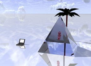 the large shiny red baby is 3 feet in the very large clear pyramid.

the pyramid is on the shiny ground. 

the extremely small tree is 1 foot behind the pyramid.

the computer is 3 foot left of the pyramid