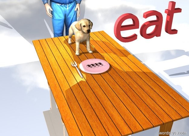 Input text: There are 4 large ants on a pink plate.
The plate is on top of a table.
A man is behind the table.
A fork is to the left of the plate.
A big dog is behind the plate.
A light is on top of the dog.
The ground is shiny.
There is a scarlet "eat" 1 foot to the right of the dog.