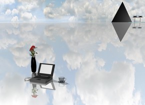the computer on the shiny ground.
the computer is 5 inches away from the glass cup.
the plant is 5 inches to the left of the computer.
the plant is 1 inch behind the computer.
the computer mouse is to the left of the computer.
the computer mouse is facing the west.
the computer mouse is 1 inch away from the computer.
the tree is 900 feet behind the computer.
the medium lake is in front of the tree.
the tree is next to the tree.
the enormous black pyramid is 100 feet tall.
the pyramid is next to the tree.
the pyramid is 100 feet wide.
the pyramid is 100 feet long
