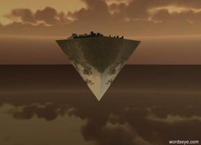the enormous reflective [forest] pyramid is upside down. it is 7 feet above the ground. it is 10 feet above the ground. it is dusk. the camera light is black. the light is below the pyramid. it is extremely bright and white.  the city block is on the pyramid. it is 10 feet wide. it is gray. the ground is shiny and black. the yellow light is 2 foot above the city block. 