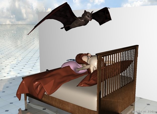 Input text: The man is -4 feet above the bed. He is leaning 70 degrees to the back. The enormous bat is 1 foot above the man. It is facing back. The ground is shiny tile. The wall is to the left of the bed. It is facing the bed.