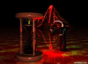 death.a 8 feet tall hourglass is 3 feet in front of death.a tiny man is -2.2 feet above the hourglass.the man is facing death.two yellow lights are in front of the man.death is 7 feet tall.three red lights are in front of death.[fire]ground.a volcano is 100 feet left of death.the volcano is 60 feet behind death.a green light is above death.it is night.the ground is shiny.two green lights are 1 feet behind death.