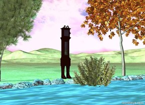 a river.a group is -25 feet behind the river.a clock is -2 inches above the group.the clock is -16 inches in front of the group.a first tree is 2 feet left of the group.a second tree is 2 feet right of the group.the ground is grass.a bush is 5 feet in front of the group.the bush is 10 inches in the ground.the sun is pink.a aqua light is above the first tree.