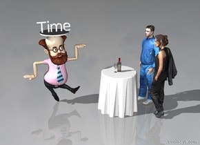 The huge cylinder is on the man. It is one inch tall. The small "Time" is on the cylinder. The table is in front and to the right of the man. The second man is to the right of the table. He is facing left. The woman is in front of the second man. She is facing the table. The bottle is on the table. The glass is next to the bottle.