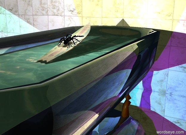Input text: A huge black spider is -16 inches above a [cool] surfboard. It is leaning 20 degrees to the back. The surfboard is 11 inches in a huge clear bathtub. It is leaning 15 degrees to the back. Water fits -2 feet above the bathtub. It is 5.5 feet wide. A huge wall is in front of the bathtub. It is 10 feet wide texture. The ground is silver. Camera light is silver. A cream light is below the spider. A turquoise light is below the bathtub. An indigo light is 2 feet left of the light. A navy light is 2 feet right of the turquoise light. It is evening. 2 dim cream lights are in the spider.