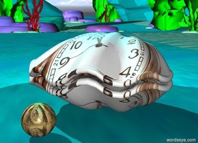 [clock]clam.the clam is 3 feet tall.a[clock]sphere is 2 inches in front of the clam.a aqua light is 2 inches above the clam.