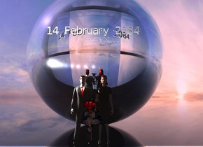 2 people are behind a clear building. The ground is clear. A humongous silver sphere is behind the people. 12 lights are above the people. A small "14 February 2084" is in front of and -10 feet above the sphere. The sun is pink. A huge red rose is in front of the people. It is leaning 40 degrees to the front.