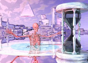 the ground is silver. there is an enormous pastel teal 
shiny hourglass. a shiny pond is behind the hourglass. a very large bright dark pink skeleton is 12 feet behind the hourglass. the skeleton is 16 feet in the ground. a very enormous silver pyramid is 25 feet above ground.  the pyramid is 90 feet behind and 10 feet to the right of the skeleton.  the pyramid is facing the skeleton. the pyramid is leaning 30 degrees to the front. a red light is above the skeleton. another red light is behind the hourglass. a white light is 5 feet in the hourglass.
