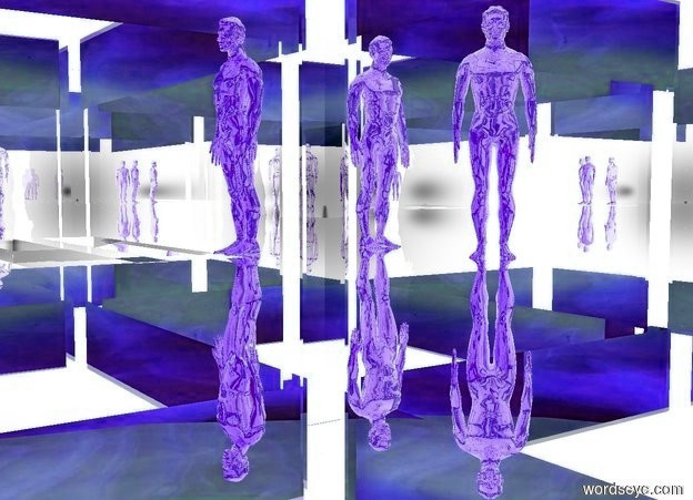 Input text: a silver structure.a gold 10 feet tall first man is -67.2 feet above the structure.the man is facing left.a second gold 10 feet tall man is 5 feet right of the first man.a third gold 10 feet tall man is 5 feet in front of the second man.the third man is facing southwest.the sky is texture.the texture is 1000 feet tall.the ground is clear.