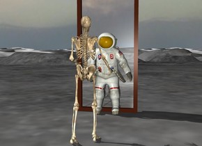 the skeleton is 5 feet in front of a 10 feet tall mirror. The skeleton is facing the mirror. The astronaut is 4 feet behind the skeleton.
