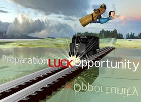 the red "LUCK" is on the train track. the train track is 200 feet long. "Preparation" is to the left of "LUCK". "Opportunity" is to the right of the "LUCK". the huge gold sun symbol is behind "LUCK". it is 8 feet in the train track. the first small train is 10 feet behind the "LUCK". the ground is shiny grass.

the man is 6 feet above the "Opportunity". he is facing right. the woman is -3 feet above the man. she is facing right. she is leaning 60 degrees to the front. she is -7 feet to the right of the man. 