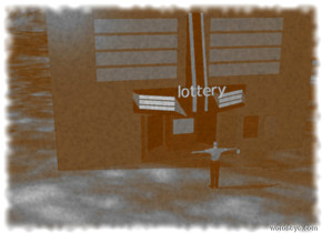 The man is on the ground. The building is 5 feet behind him. The man is facing the building. The yellow paper is 1 inch below the man's hand. lottery is 1 inch in front of the building. lottery is 10 feet above the ground . The yellow paper is 5 feet in front of the building. The yellow paper is 4 feet above the ground.The yellow paper is 2 inches to the right of the man. The ground is [road].