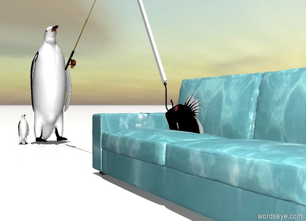 Input text: The sofa is water.
The ground is snow.
The large fish is 1 foot in the sofa.
The fish is facing left.
The fish is leaning 30 degrees to the back.
The fish is -4 foot to the left of the sofa.
A huge black hook is -1 foot over the fish.
The hook is facing to the back.
The hook is -2 feet to the left of the sofa.
a rod is 1.5 foot to the left of the sofa.
The rod is 3.2 feet over the ground.
The rod is facing right.
The rod is leaning 30 degrees to the back.
A white stick is over the hook.
The stick is -1.6 feet to the left of the sofa.
The stick is leaning 30 degrees to the right.
It is noon.
A large bird is -2 inch to the left of the rod.
The bird is -10 inch in front of the rod.
The bird is 0 feet over the ground.
The bird is facing the sofa.
A small bird is in front of the bird.
The small bird is facing the sofa.
