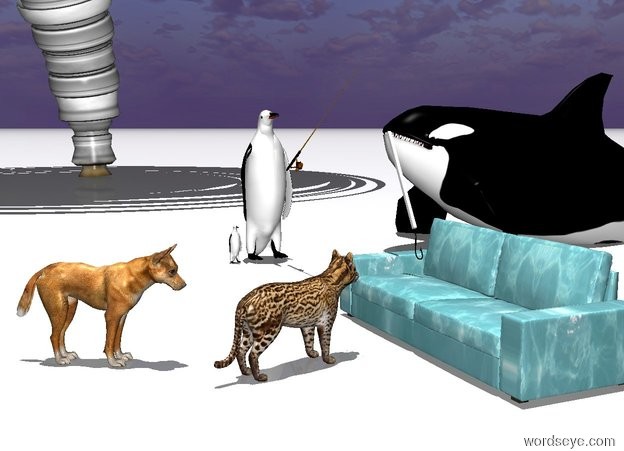 Input text: The sofa is water.
The ground is snow.
The large fish is 1 foot in the sofa.
The fish is facing left.
The fish is leaning 30 degrees to the back.
The fish is -4 foot to the left of the sofa.
A huge black hook is -1 foot over the fish.
The hook is facing to the back.
The hook is -2 feet to the left of the sofa.
a rod is 1.5 foot to the left of the sofa.
The rod is 3.2 feet over the ground.
The rod is facing right.
The rod is leaning 30 degrees to the back.
A white stick is over the hook.
The stick is -1.6 feet to the left of the sofa.
The stick is leaning 30 degrees to the right.
It is noon.
A large bird is -2 inch to the left of the rod.
The bird is -10 inch in front of the rod.
The bird is 0 feet over the ground.
The bird is facing the sofa.
A small bird is in front of the bird.
The small bird is facing the sofa.a killer whale is 5 feet behind the bird. it is facing the bird. it is -7 feet above the ground. it leans 20 degrees to the back.
A cat is 1 foot in front of the sofa. The cat is facing the fish. the dog is -0.2 feet left of and -0.2  feet in front of the cat. it faces the cat.
A tornado is 20 feet to the left of the bird. It is night.