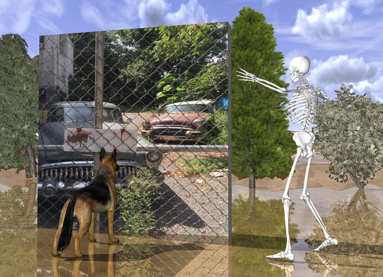 Input text: the [old cars] wall is 8 feet wide. the skeleton is in front of the wall. it is a foot to the right of the wall. it is facing the wall. the ground is shiny. the five small trees are 20 feet behind the wall. the dog is a foot in front of the wall. it is facing the wall.