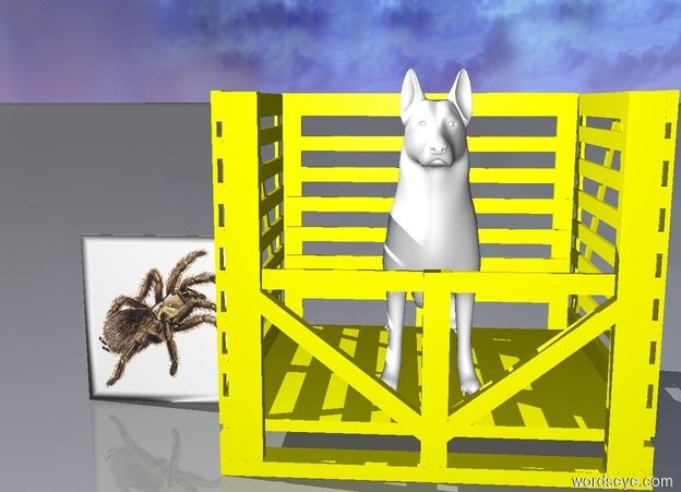 Input text: A japanese dog. The dog is inside a box. The box is yellow. A spider stamp.