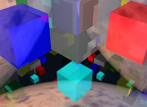 The shiny gray cube is 1 feet tall.  The clear white cube is 4 feet tall.  The shiny gray cube is -2.5 feet above the clear white cube.

The shiny black cube is 0.5 feet tall.  The shiny red cube is 0.5 feet tall.  The shiny green cube is 0.5 feet tall.  The shiny yellow cube is 0.5 feet tall.  The shiny cyan cube is 0.5 feet tall. The shiny blue cube is 0.5 feet tall.

The shiny black cube is -0.75 feet above the white cube.  The shiny cyan cube is -3.75 feet above the white cube.  The shiny red cube is -2.25 feet above the white cube.  It is 0.25 feet in front of the gray cube.

The shiny green cube is -2.25 feet above the white cube.  It is 0.25 feet behind the gray cube. The shiny blue cube is -2.25 feet above the white cube.  It is 0.25 feet left of the gray cube.
The shiny yellow cube is -2.25 feet above the white cube.  It is 0.25 feet right of the gray cube.

The ground is silver.

The white cube is 2 feet above the ground.