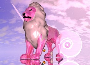 The ground is silver. There is a shiny fuschia lion. The mane of the lion is pink. A large shiny pink sword is to the left of the lion. The sword is leaning 50 degrees to the front. There is a shiny [shield] circle to the right of the lion. The circle is leaning 90 degrees to the front.