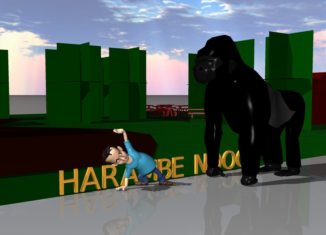 Input text: gorilla at the park. 
kid at the park.
the kid is one foot to the left of the gorilla.
gorilla is facing left.
gorilla is ten feet tall.
The straw yellow "HARAMBE" is  a few inches behind the kid.
The straw yellow "NOOO" is  a few inches behind the gorilla.