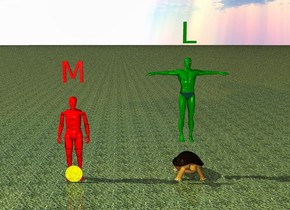 The Red man is behind the extremely huge yellow coin. The red "M" is one foot above the red man. The green man is four feet to the right of the red man. The huge turtle is six feet to the right of the red man. The green man is one foot above the huge turtle. The green "L" is one foot above the green man. The ground is grass.