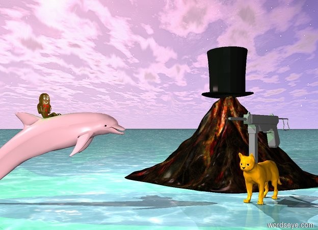 Input text: the sky is [cloud]. the ground is [water]. the large terrible man is on top of the pink dolphin. the very tiny volcano is behind the dolphin to the right. the very large hat is on top of the volcano. the large orange cat is in front of the volcano. the large grey gun is on top of the cat. the dolphin is facing the cat. the cat is facing southwest. the pink light is on top of the volcano. the green light is on top of the dolphin. 