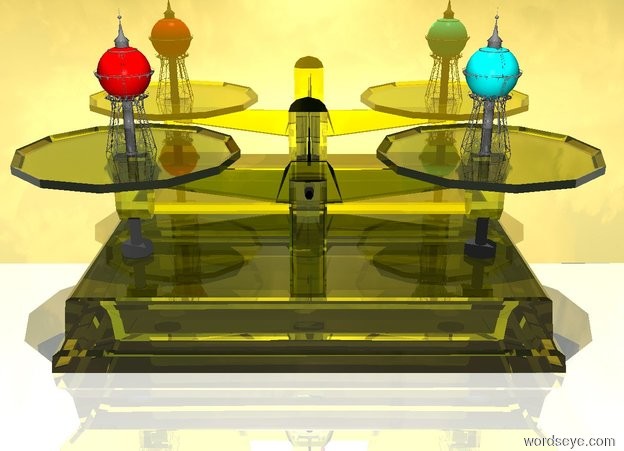 Input text: a 50 feet tall clear yellow scale.a 30 feet tall red first tower is -12 feet above the scale.the tower is -30 feet left of the scale.a 30 feet tall cyan second tower is -12 feet above the scale.the second tower is -30 feet right of the scale.a wall is 2 feet behind the scale.the wall is 80 feet tall.the wall is 300 feet long.the wall is golden.the ground is shiny.the sun's altitude is 90 degrees.