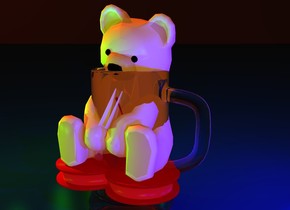 a  bear in the mug.the mug is 20 inch tall.sky is ink blue.ground is ink blue.sun is fire orange.five  blue lights are 5 inch right of  the bear. five green lights are 10 inch left of the bear. camera light is malachite green.ambient light is old gold.