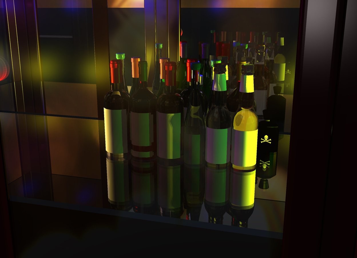 Input text: 6 bottles are 4.7 feet in a 12 feet tall cabinet. 5 bottles are behind the bottles. 7 bottles are behind the bottles. A silver wall is behind the cabinet. The ground is clear. The sky is [lights]. 8 yellow lights are in front of the bottles. 3 green lights are to the left of the bottles. 3 lights are to the right of the bottles. 10 red lights are 1 inch below the bottles. 4 blue lights are above the bottles. 6 purple lights are next to the blue lights. A cream light is in front of the bottles. The sun is white.  10 lights are in front of the cabinet.