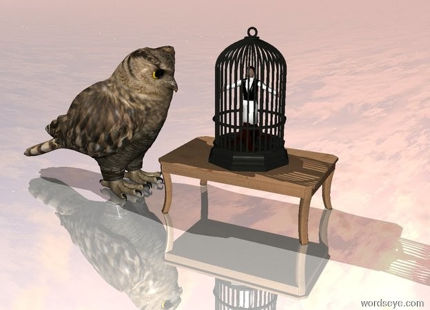 Input text: There is a big cage. The cage is on a table. A human fits in the cage. The human is looking .  There is a bird.  The bird faces the human. The bird is 5 feet tall. The ground is shiny.