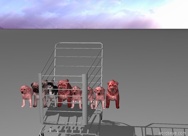 Input text: 8 red puppies inside a shopping cart