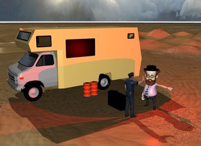 a red light is above the big man. A big black hat is -7 inches above the man's hair. 4 feet In front of the man is a second man. The second man faces the man. The second man is 11 feet tall. There is a big camper. The camper is 20 feet away from the man. There is a big black suitcase 2 feet away from the second man. There are barrels on the right side of the camper.