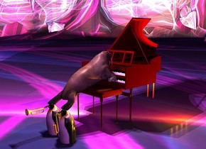 a  huge harpsichord. a walrus is -4 feet to the front of and -8.3 feet above the harpsichord. it faces back. it leans 20 degrees to the back. 1st penguin is -2.1 feet to the front of and -1.9 feet to the right of the walrus. it is -1.1 feet above the ground. 2nd penguin is -2.3 feet to the front of and -2.7 feet to the left of the walrus. it is -1.1 feet above the ground .a 1.7 feet tall tenor saxophone is -1.7 feet above and -0.6 feet to the right of and -0.2 feet to the front of the 1st penguin. a trumpet is -0.7 feet above and -0.3 feet to the front of the 2nd penguin. it is dawn. the sun is violet. the camera light is lavender. 3 lilac lights are 5 feet above the walrus. 4 orange lights are 2 feet right of the harpsichord. a rust light is -1 feet behind  and 2 inches above the walrus. the ambient light is purple. the ground is [pattern]