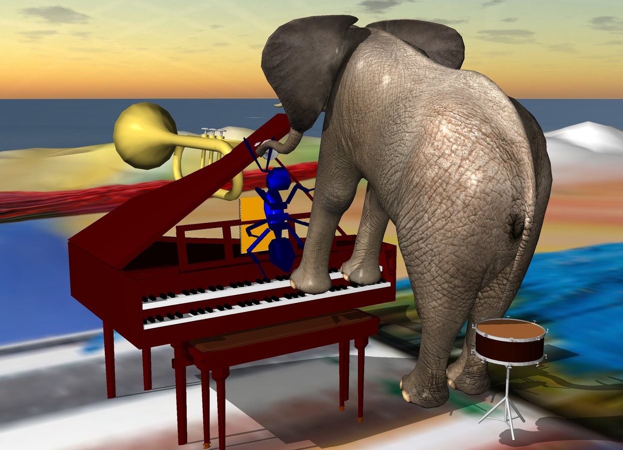 Input text: a 270 inch tall and 210 inch deep and 250 inch wide  harpsichord. a 190 inch tall elephant is -6.5 feet to the front of and -14 feet above the harpsichord. it faces back. it leans 20 degrees to the back. -30 inch above  the music stand of the harpsichord is a huge book.a 90 inch tall trumpet is -190 inch above the elephant.the trumpet is facing back.the trumpet is -15 inch to the back of the elephant.a 60 inch tall blue ant is -40 inch above the music stand of the harpsichord.the ant leans 90 degrees to back.the ant is in front of the book.a 60 inch tall snare drum is -55 inch in front of the elephant.the ground is [pattern].