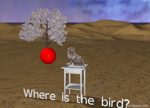 Input text: The red ball is two feet left of the cat. An small apple tree is on the top of the ball. The cat is on the very big table."Where is the bird?" is in front of the table.