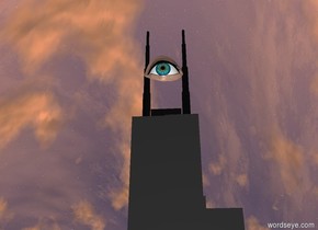 There is a tower.  There is a 50 feet tall eye  on the tower.  The eye faces east. The eye is a little to the right.  The eye is 50 inch to the right.