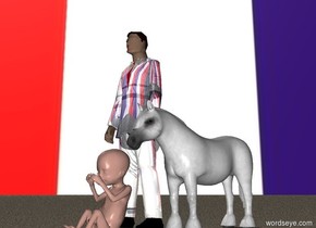 A giant baby is in front of a matte horse and there is a matte business man who is a glossy crackhead.

The sky is French.

The ground is matte carpet.