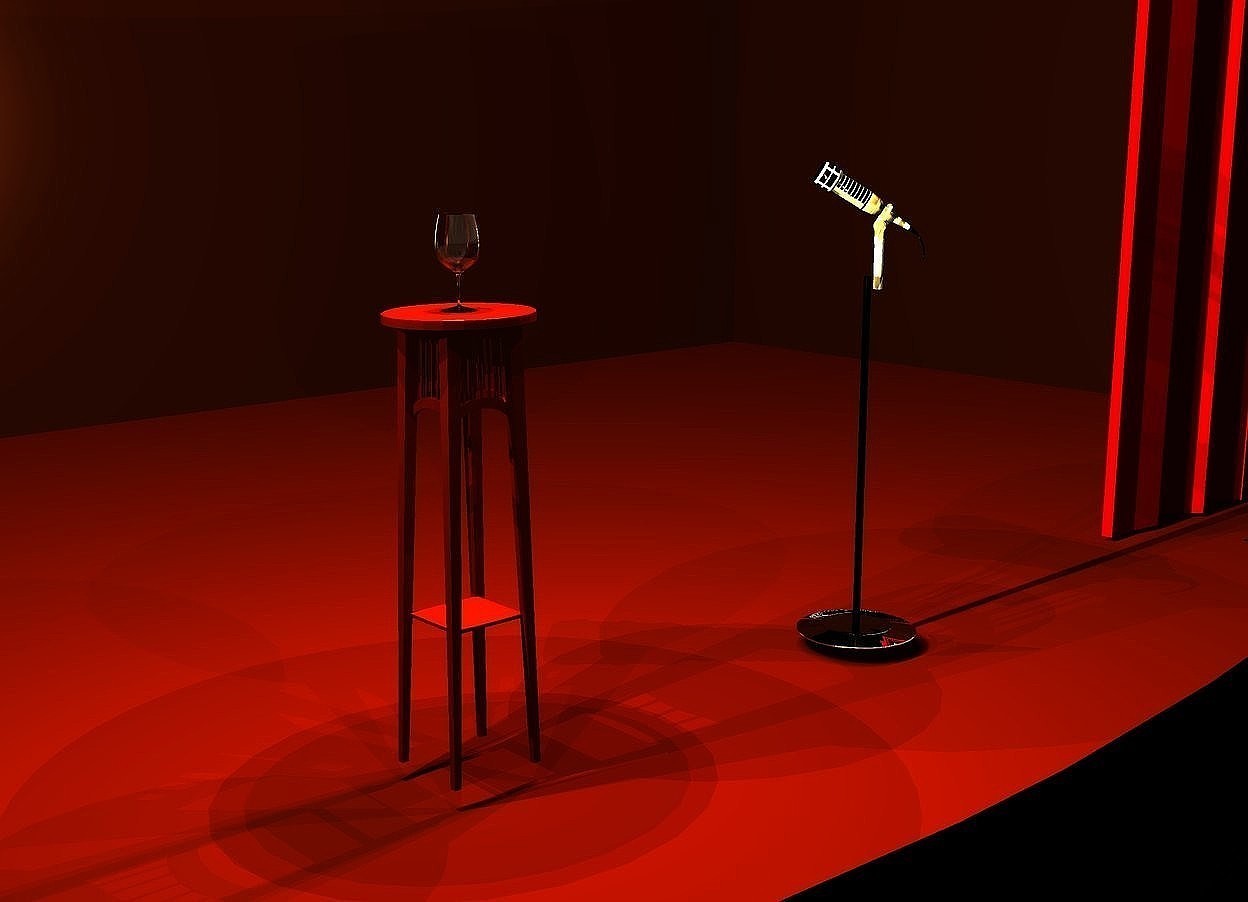 Input text:  a  30 feet wide stage. a 3 feet tall and 1 feet wide plant stand is -3 feet to the front of and -13 feet to the left of and -13.9 feet above the stage. a light is 3 inches above the plant stand. a silver plate is 3 feet right of the stand. it is upside down. a 3 feet tall and 0.06 feet wide black tube is -0.1 feet above the plate. a [metal] microphone is -0.1 feet above the tube. it faces northwest. a glass is on the stand. the camera light is black. the sun's light is black. the ambient light is charcoal. the ground is black. the wall of the stage is ebony. 2  yellow lights are 2 inches above the glass. 2 silver lights are -2 inches above the glass. 3 orange lights are 1 inch above the stand. 2 gold lights are 1 inch to the front of the glass. 5 old gold lights are 2 inches above the microphone.