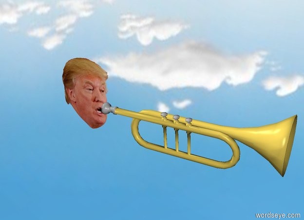 Input text: Small Head is next to a Trumpet. The trumpet is facing right. The ground is invisible.