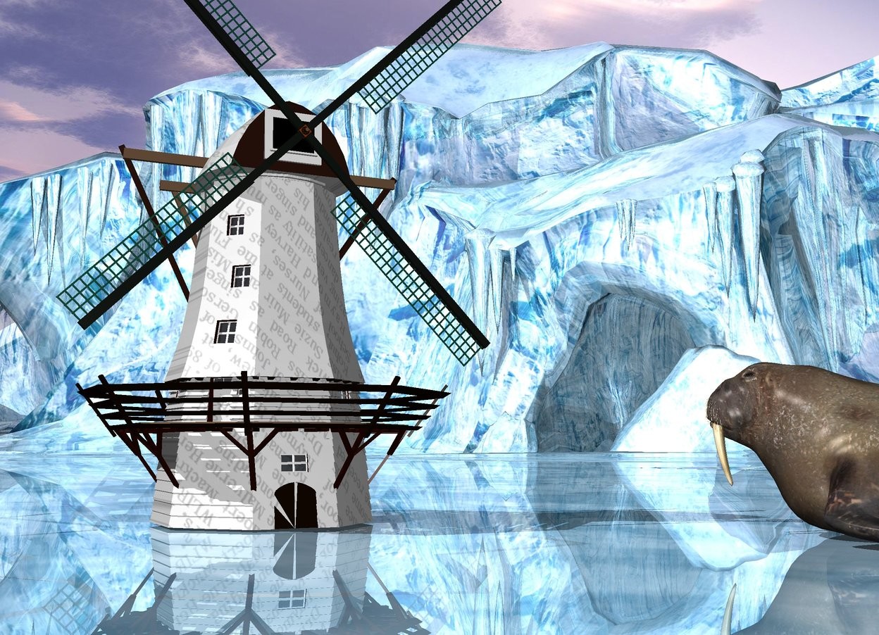 Input text: the [essay] windmill. the large walrus is 6 inches in front and to the right of the windmill. it is facing the windmill. the ground is shiny.