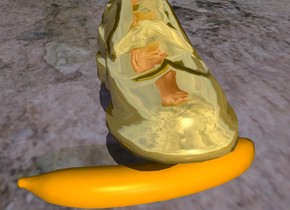 the banana is 1 inch in the ground. it is leaning 90 degrees to the left. the gold shoe is 2 inches above the banana. it is facing left. it is leaning 10 degrees to the back. the [cement] texture is on the ground. the texture is 1 foot tall. the head is 2 inches above and to the right of the shoe. it is facing left. the mauve light is 3 feet to the left and above the shoe. the camera light is black.