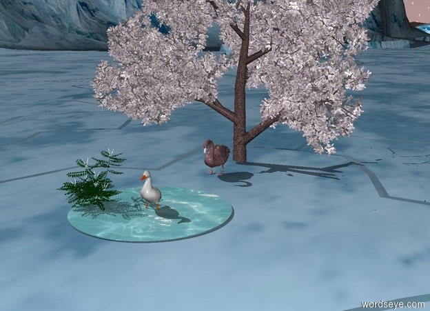Input text: the pink bird is on the ground. The duck is 5 feet away in front of the bird.
The apple tree is three feet behind the bird.
The tiny pond is below the duck. the bush is 1 foot left of the duck.