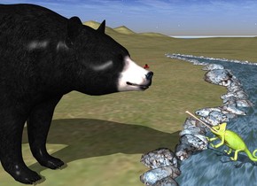a red bug is -2 inches in front and -16.5 inches above the bear. the small river is -15 feet in front of the bear. the ground is grass. the huge chameleon is in front and to the right of the bear. it is facing the bear. it is leaning 35 degrees to the back.