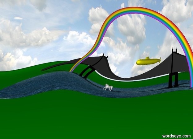 Input text: unicorn in front of rainbow on top of green ground. Bridge behind rainbow.  yellow submarine in sky. The submarine is behind  the bridge.
There is a lake under the bridge. There is a strawberry in the sky.