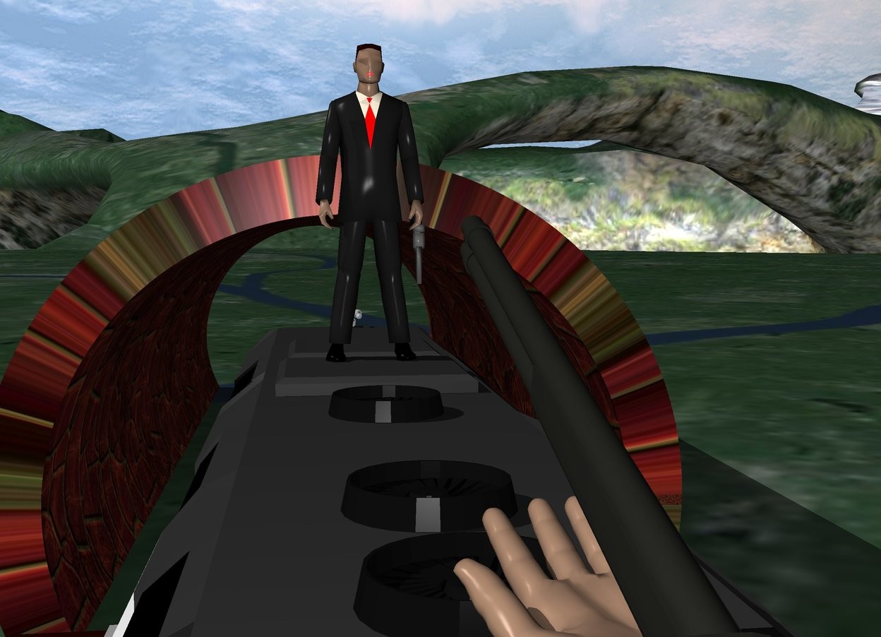 Input text: gigantic tube is -30 inches  above the ground.
the tube is leaning 90 degrees to the north.
track is in front of the tube.
the track is above the ground.

train is -5 inches above the track.
the train is 3 feet tall.
the train is facing the north.

the tube is tile .

businessman is -1 inch above the train.
the businessman is 2 feet tall.
the businessman is 5 feet in front of the tube.
small gun is -1 inch right of the businessman.
the gun is 5 inches above the train.
the gun is leaning 90 degrees to the south.



small hand is 5 feet in front of the businessman.
the hand is facing the west.
the hand is leaning -110 degrees to the east.

shotgun is -10 inches above the hand.
the shotgun is facing the businessman.
the shotgun is leaning -15 degrees to the south.