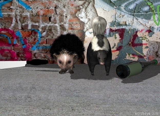 Input text: a huge hedgehog is next to a huge skunk. 
a [graffiti] wall is behind the hedgehog and the skunk.
the ground is pavement.
a huge bottle is next to the skunk on the right. it is leaning 90 degrees to the left. it is facing southeast.
a huge knife is next to the hedgehog on the left. 