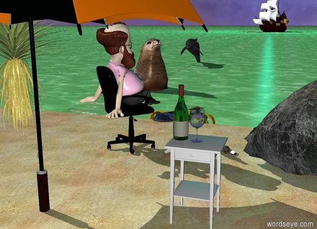 Input text: a torpedo.a beach is -0.5 feet in front of the torpedo.the ground is water.the ground is green.a chair is 2 feet in front of the torpedo.the chair is on the beach.the chair is facing northeast.a white seashell is 2 inches right of the chair.the shell is face up.a seal is 1 feet behind the torpedo.the seal is left of the torpedo.the seal is 1 feet in the ground.the beach is 2 inches in the ground.the torpedo is leaning 10 degrees to the north.the torpedo is 1 feet in the ground.a dolphin is 10 feet behind the seal.a bottle is 6 inches right of the shell.the bottle is face up.the bottle is facing northwest.the seal is facing southeast.a small man is -15 inches above the chair.the small man is facing northeast.a 6 feet tall umbrella is in front of the chair.a table is 3 feet in front of the bottle.a glass is on the table.a rock is right of the bottle.a bush is 0.5 feet left of the chair.a small galleon is 200 feet behind the dolphin.the galleon is facing southwest.a aqua light is above the galleon.a wine bottle is left of the glass.