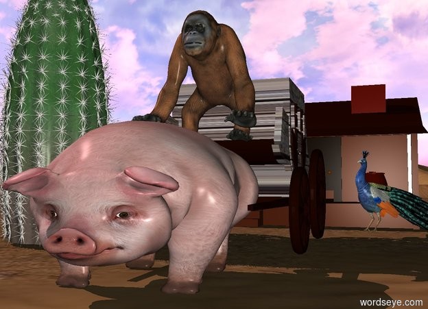 Input text: a 8 feet tall stagecoach.a 5 feet tall pig is -40 inches in front of the stagecoach.a primate is -43 inches above the stagecoach.the primate is -100 inches in front of the stagecoach.the primate is leaning 15 degrees to the north.the pig is 6.5 feet wide.the pig is 8 feet deep.the stagecoach is wood.a cabin is 5 feet behind the stagecoach.a 5 feet tall peacock is in front of the cabin.the peacock is -5 feet right of the cabin.the peacock is facing southwest.a 15 feet tall cactus is 2 feet left of the stagecoach.the sun is pink.