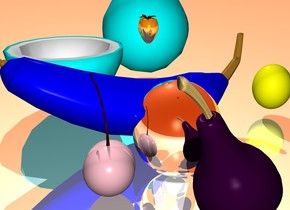 the sky is red orange. the ground is reflective. there is a blue banana beside a silver orange. there is a yellow lime behind the banana. there is a cyan coconut to the left of the banana. there is a pink cherry in front of the orange. there is a gold strawberry on top of the banana. there is a purple pear to the right of the orange.